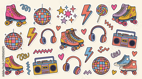 Retro 90s sticker set with roller skates and disco balls, vintage aesthetic patches with boombox and headphones, colorful nostalgic vector collection