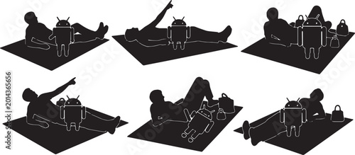 Foto Black Solid Human And Robot Stargazing Blanket Silhouettes Set of Six on White B