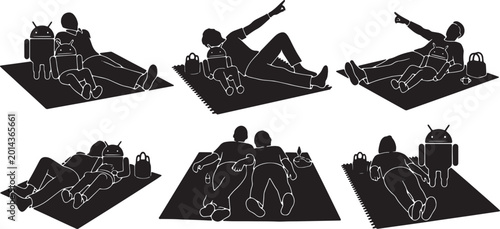 фотографія Black Solid Human And Robot Stargazing Blanket Silhouettes Set of Six on White B