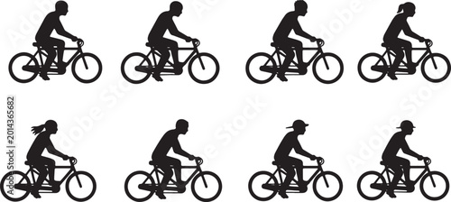 Canvas Print Black Solid Human And Robot Tandem Bicycle Silhouettes Set of Six on White Backg