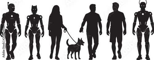 Foto Black Solid Human And Robot Walking Pet Dog Silhouettes Set of Six on White Back