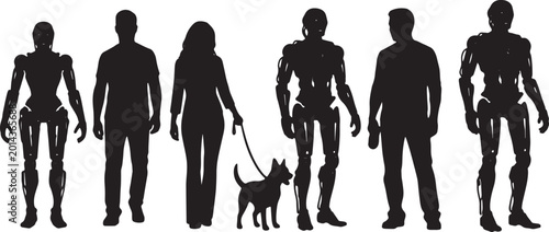 Photos Black Solid Human And Robot Walking Pet Dog Silhouettes Set of Six on White Back