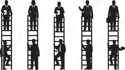 Bild auf Leinwand Black Solid Newly Hired Employee Ladder Silhouettes Set of Six on White Backgrou
