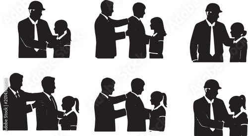 Schilderij op canvas Black Solid Proud Mentor Guiding Trainee Silhouettes Set of Six on White Backgro
