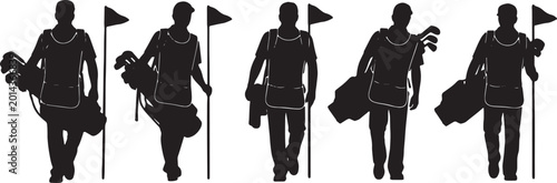 Obraz na plátně Black Solid Outdoor Golf Caddie Silhouettes Set of Six on White Background