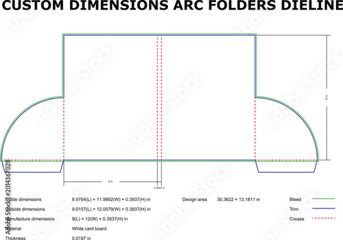 Fotografía Detailed technical die line drawing showing custom arc shaped folder dimensions