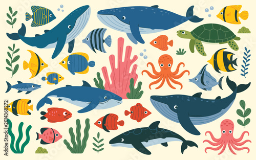 Photography Marine fish and wild sea animals vector set isolated on white background, cute u