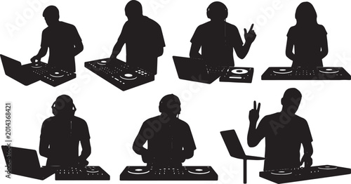 Photos Black Solid Laptop DJ Music Mixing Silhouettes Set of Six on White Background