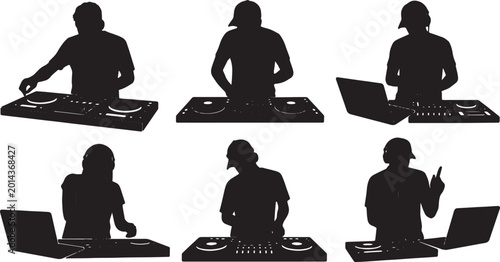 Εκτύπωση καμβά Black Solid Laptop DJ Music Mixing Silhouettes Set of Six on White Background