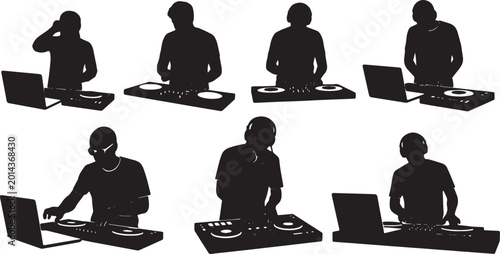 Cuadro en lienzo Black Solid Laptop DJ Music Mixing Silhouettes Set of Six on White Background