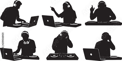 Cuadro en lienzo Black Solid Laptop DJ Music Mixing Silhouettes Set of Six on White Background