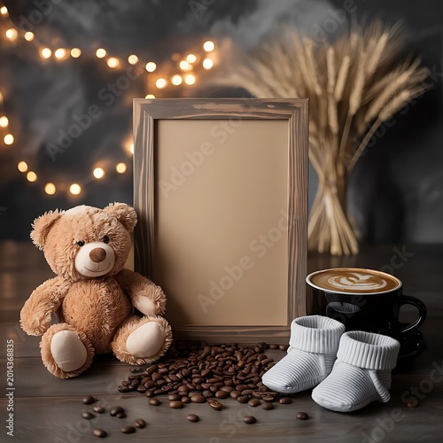 Baby Announcement Mockup with Teddy Bear, Booties, and Coffee Art, mockup, frame, blank, baby, newborn, nursery, teddy bear, plush, booties, shoes, coffee, latte art, coffee beans, wheat, rustic, wood