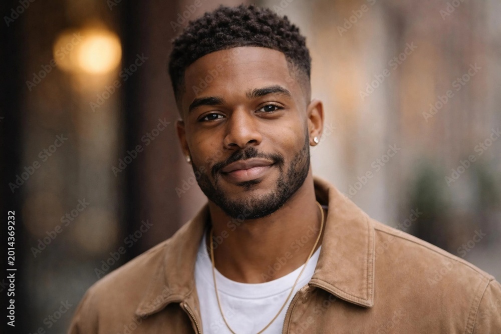 Fototapeta premium Portrait of a handsome young Black man wearing a stylish brown jacket and white t-shirt, standing outdoors with a blurred urban background.