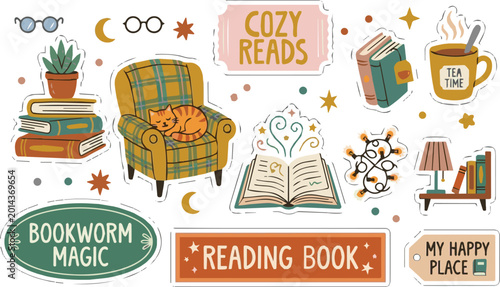 Cozy Reading Sticker Set with Books Cute Cat and Reading Nook Quotes