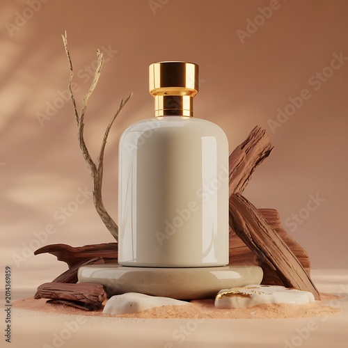 Luxury Perfume Bottle Mockup with Gold Cap on Earthy Sand and Wood
