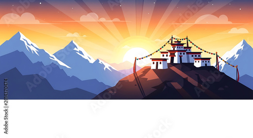 Tibetan monastery on a mountain peak at sunrise with prayer flags and snowy himalayan peaks in the background