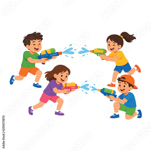 Vector illustration of a happy group of school friends and family with a boy and baby playing with a ball on the beach during a fun childhood summer