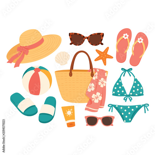 A seamless pattern vector illustration featuring a summer beach bag collection with fashion accessories like sunglasses, a sun hat, and cream icons in a colorful cartoon art design
