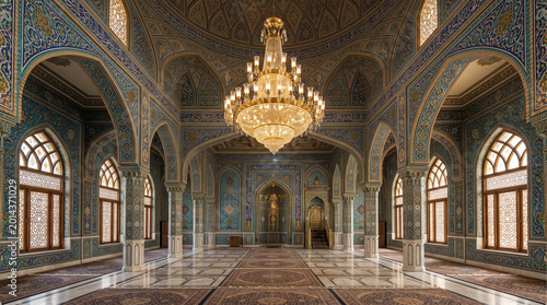 Beautiful Pakistani Mosque Interior with Intricate Geometric Tile Work, Ornate Chandelier and Warm Light Through Arched Windows