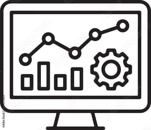 Computer monitor icon showing business data chart and gear setting symbol for digital analytics and performance tracking
