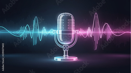 Photos Neon Microphone Sound Wave Pattern Design.
