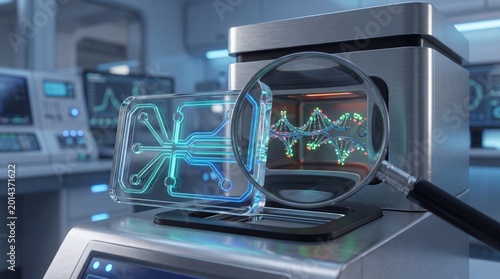Advanced biotechnology lab setup with DNA double helix under magnification, alongside a futuristic microfluidic chip. Represents genetic engineering, scientific research