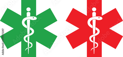 Set of Star of Life medical symbols in red and green vector icons representing emergency services and healthcare isolated on white background