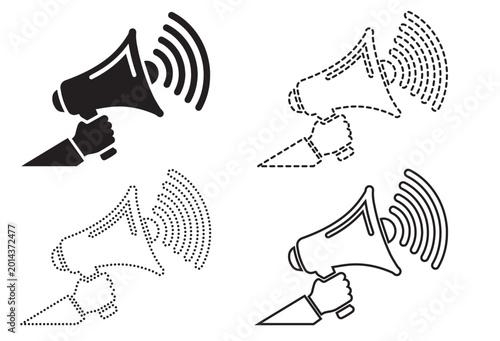 фотографія Hand holding megaphone icon with sound waves set of four vector graphics social