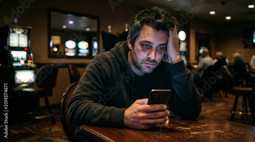 A man struggles with the weight of despair, his face etched with concern, as he contemplates his phone in the dimly lit casino.