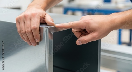 Hand repairing metal furniture with attention to detail at workshop. Skilled hands focus on assembling metal structure carefully, ensuring high-quality finish.