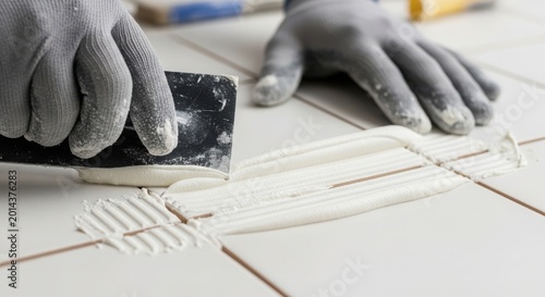 Tiling repair process with close-up of hands applying adhesive on ceramic tiles. Tiling repair includes careful application of white adhesive for precise coverage on tile joints.