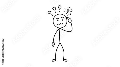 Fotografía Confused stick figure man with question marks over his head, expressing stress and perplexity, on an isolated white background