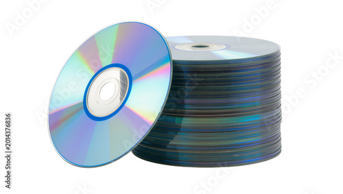 Fotografie Isolated large stack of blank reflective data storage compact discs and one lean