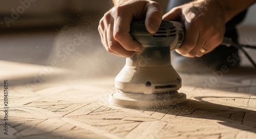 Hands using electric sander on wooden surface creating dust cloud. Electric sander works efficiently on wood to create a smooth finish. Ideal for home repair, DIY projects, or woodworking workshops.