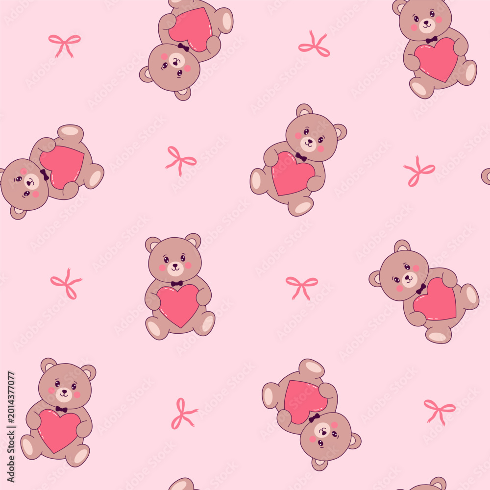 Fototapeta premium Seamless pattern with teddy bears holding hearts and pink bows. Vector background for Valentine’s Day designs.