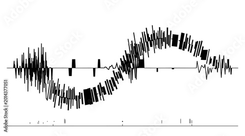 Schilderij op canvas Abstract Chaotic Black Sound Wave with Dashed Lines, Isolated White Background Audio Data