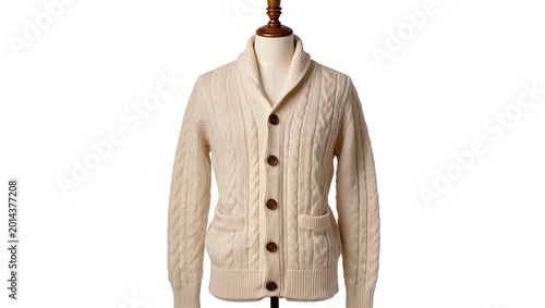 Fotografía Isolated cream cable knit shawl collar cardigan on a mannequin, cozy winter fash
