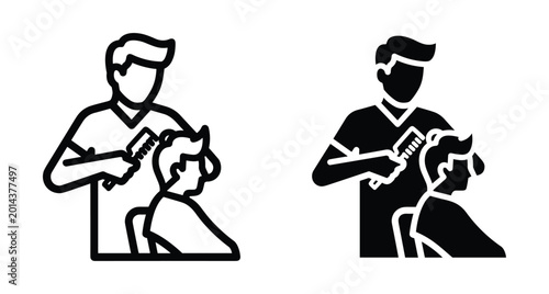 Barber cutting hair of male client in salon shop icon set with outline and solid glyph styles for grooming services