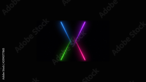 Abstract Minimalist Neon Light Crossing Lines with Vibrant Blue Purple Pink and Green Glow on Dark Black Background