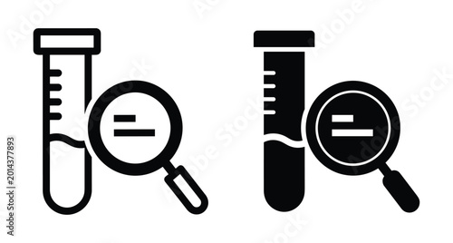 Laboratory test tube with liquid and magnifying glass icon set representing scientific research analysis medical diagnostic testing chemistry experiment discovery