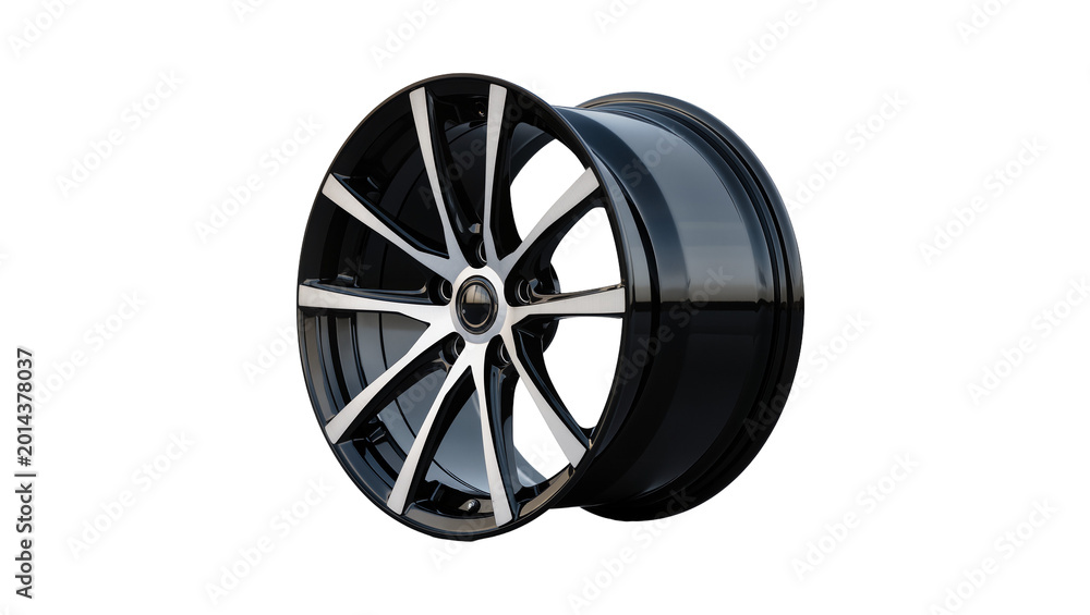 Obraz premium Isolated modern black and silver alloy car wheel, stylish multi-spoke design, shiny automotive part