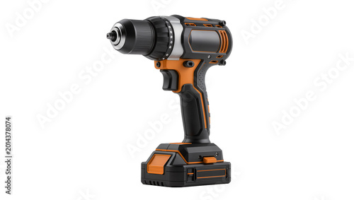 Photos Isolated cordless power drill driver with battery pack, black and orange electri