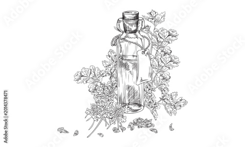 Line drawing of robot holding flowers in decorative frame