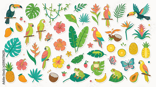 Photography Tropical jungle sticker set with exotic birds and plants, colorful summer botani
