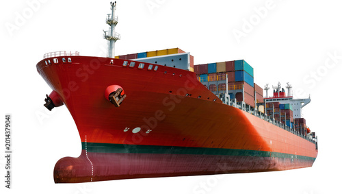 Foto Isolated large red cargo container ship transporting goods across oceans, global