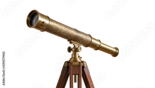 Bild auf Leinwand Isolated antique brass telescope with ornate engravings on a dark wooden tripod