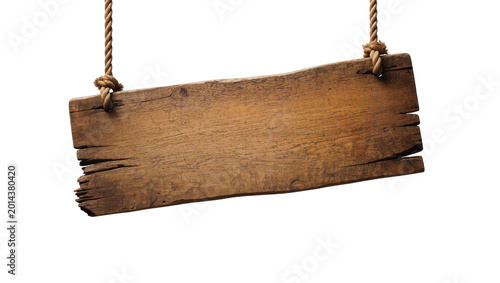 Canvas Print Isolated rustic old wooden sign board hanging by ropes, weathered wood texture w