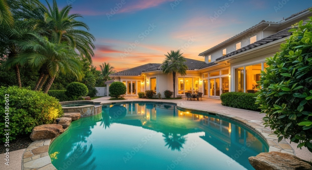 Fototapeta premium Beautiful Backyard Pool Area During Sunset with Glowing Lights and Elegant Contemporary Design