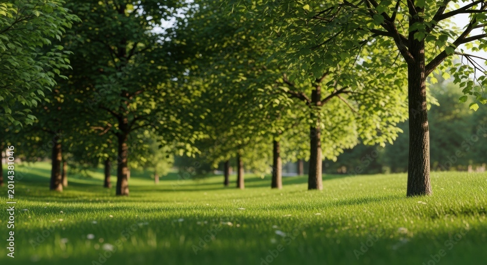 Fototapeta premium Sun Drenched Park Meadow with Tall Deciduous Trees and Lush Green Spring Grass