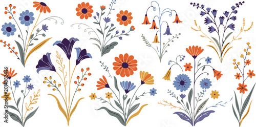 Foto Collection of hand drawn wildflower bouquets and floral stems